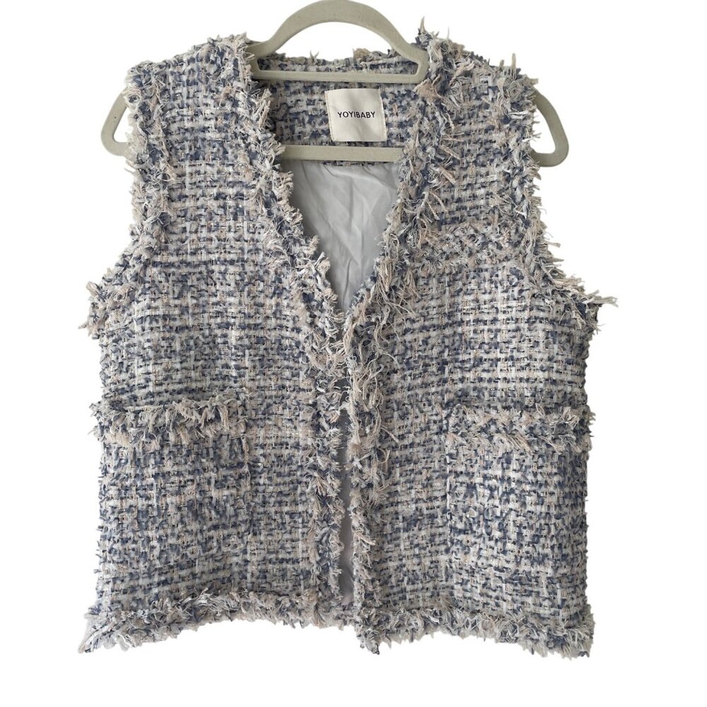 Fringed Tweed Open Vest With‎ Pockets By Yoyibaby Trendy Womens M